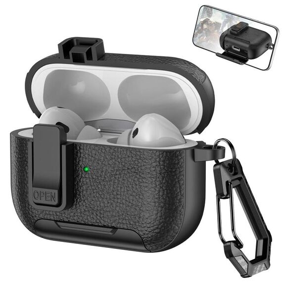 Per AirPods Pro Custodia per auricolari wireless in pelle con gancio e supporto (nero)
