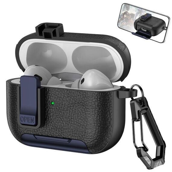 Per AirPods Pro Custodia per auricolari wireless in pelle con gancio e supporto (nero blu scuro)