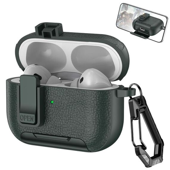 Custodia per auricolari wireless AirPods Pro in pelle con gancio e supporto (verde militare)