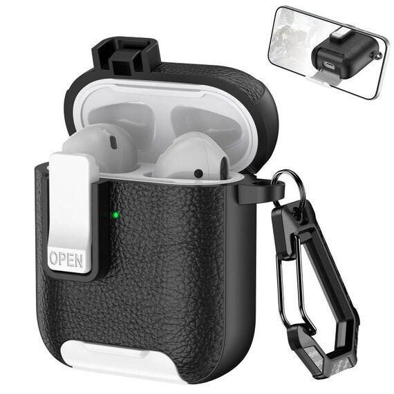 Per AirPods 1/2 Custodia per auricolari wireless in pelle con gancio e supporto (nero bianco)