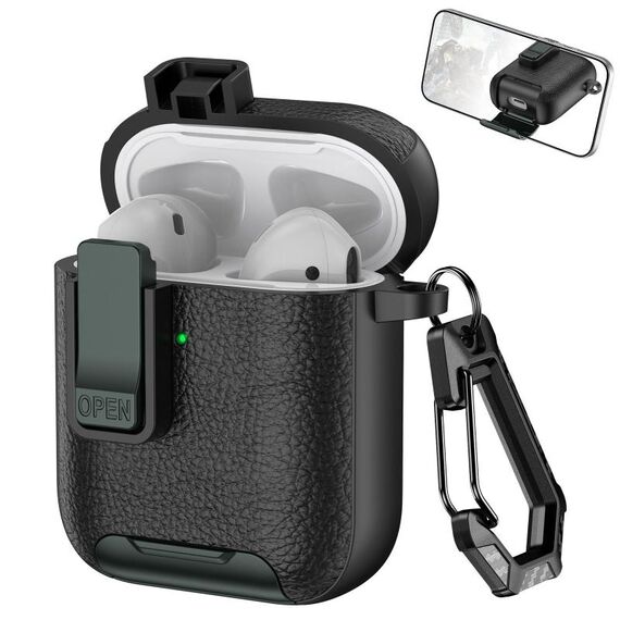 Per AirPods 1/2 Custodia per auricolari wireless in pelle con gancio e supporto (nero verde militare)