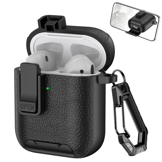 Per AirPods 1/2 Custodia per auricolari wireless in pelle con gancio e supporto (nero)