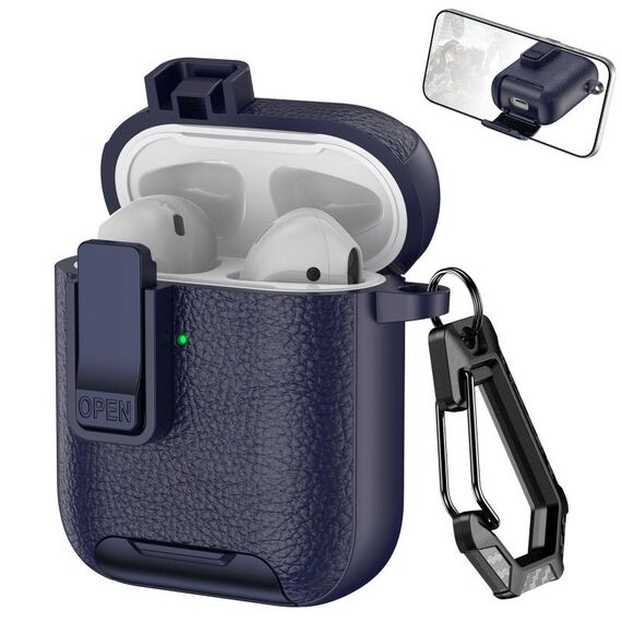 Per AirPods 1/2 Custodia per auricolari wireless in pelle con gancio e supporto (blu scuro)