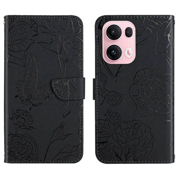 Custodia in pelle flip con motivo a farfalla in rilievo per OPPO Reno13 Pro HT03 (nera)