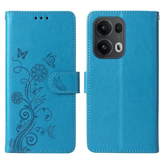 Custodia in pelle con motivo a farfalla e fiori in rilievo per OPPO Reno13 Pro (blu)