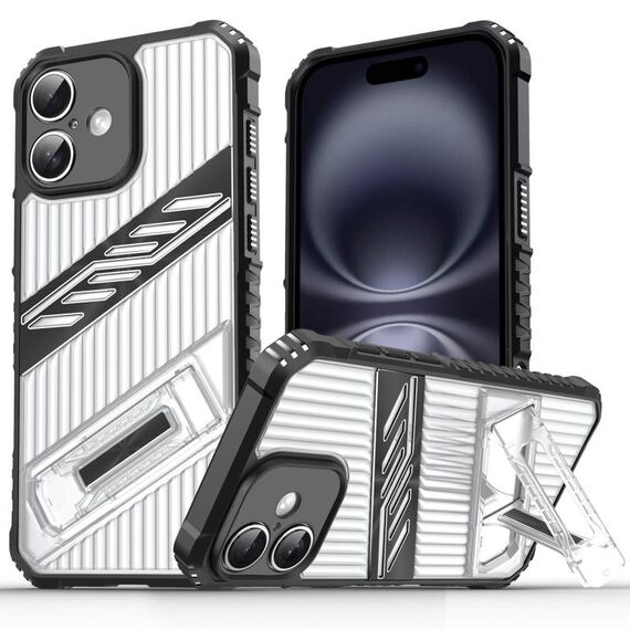 Per iPhone 16 Plating Holder PC Hybrid TPU Custodia per telefono (nero trasparente)
