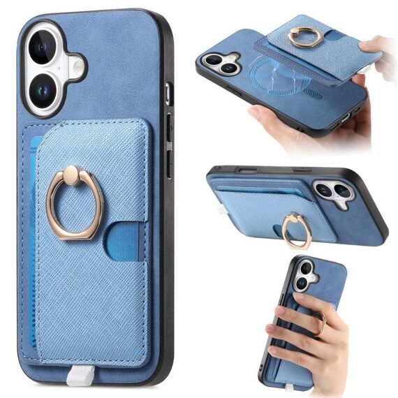 Custodia per iPhone 16 Plus con inserto laterale in pelle con anello a croce retrò e tasca porta carte MagSafe (blu)