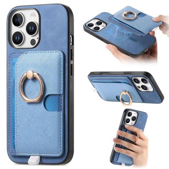 Custodia per iPhone 15 Pro Max con inserto laterale in pelle con anello a croce retrò e tasca porta carte MagSafe (blu)