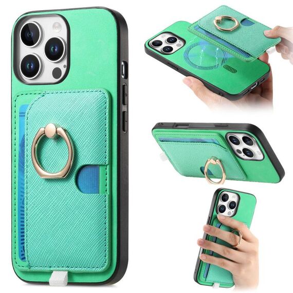 Custodia per iPhone 15 Pro Max con inserto laterale in pelle con anello a croce retrò e tasca porta carte MagSafe (verde)