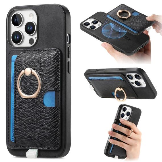 Custodia per iPhone 15 Pro Max con inserto laterale in pelle con anello a croce retrò e tasca porta carte MagSafe (nera)