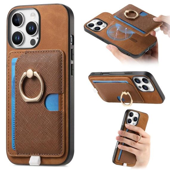Custodia per iPhone 15 Pro con inserto laterale in pelle a forma di croce retrò, con anello e tasca porta carte MagSafe (marrone)