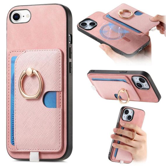 Custodia per iPhone 7/8/SE 2022 con inserto laterale in pelle con anello a croce retrò e tasca porta carte MagSafe (rosa)