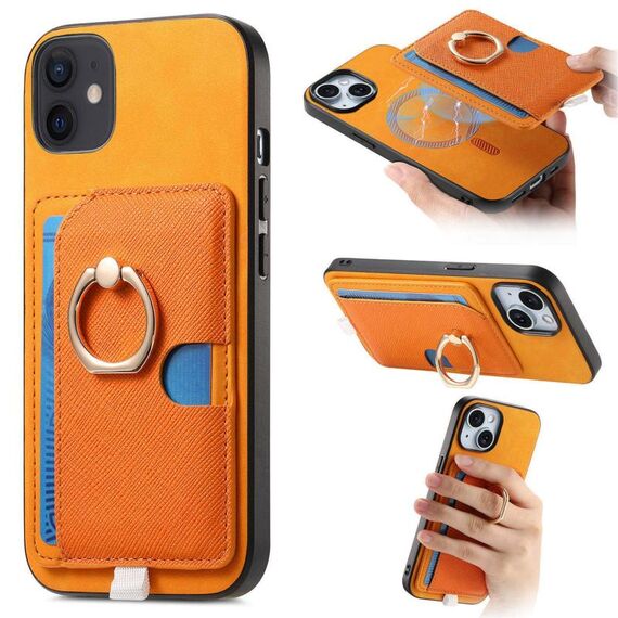 Custodia per iPhone 12/12 Pro con inserto laterale in pelle a croce retrò, con anello e tasca porta carte MagSafe (giallo)