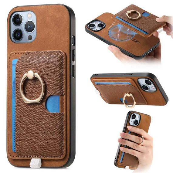 Custodia per iPhone 12 Pro Max con inserto laterale in pelle a croce retrò, con tasca porta carte e MagSafe (marrone)