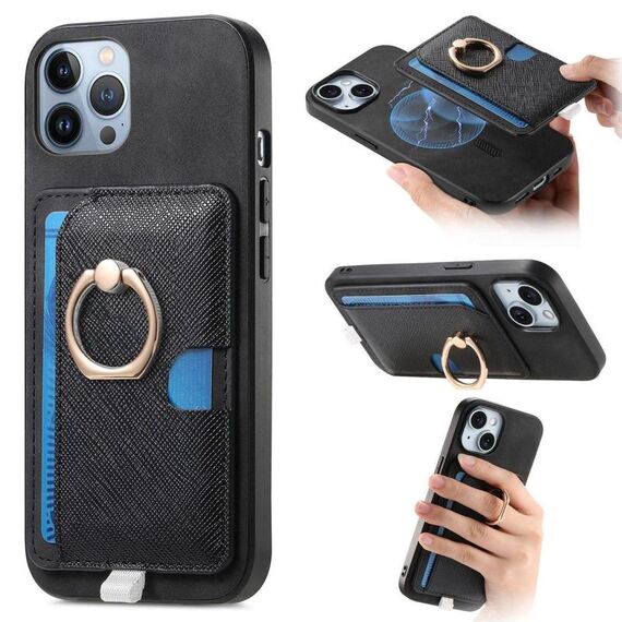 Custodia per iPhone 12 Pro Max con inserto laterale in pelle con anello a croce retrò e tasca porta carte MagSafe (nera)