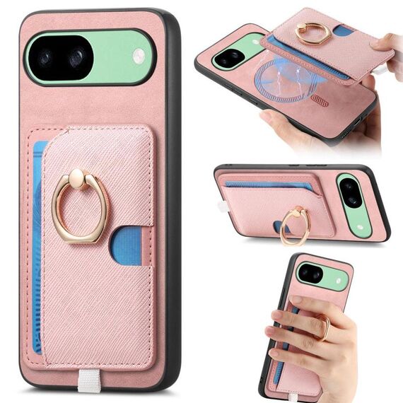 Custodia per telefono con inserto laterale in pelle con anello a croce retrò per Google Pixel 8a MagSafe (rosa)