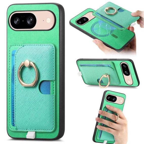 Custodia per telefono con inserto laterale in pelle con anello a croce retrò per Google Pixel 8 MagSafe (verde)