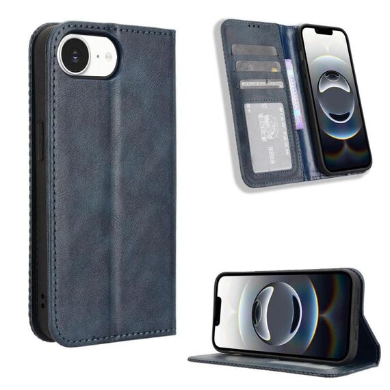 Per iPhone 16e Custodia per telefono in pelle con fibbia magnetica e texture retrò (blu)