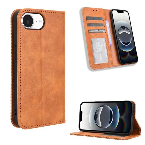 Per iPhone 16e Custodia per telefono in pelle con fibbia magnetica e texture retrò (marrone)