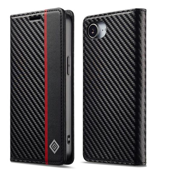 Per iPhone 16e LC.IMEEKE Custodia in pelle e fibra di carbonio (nero verticale)