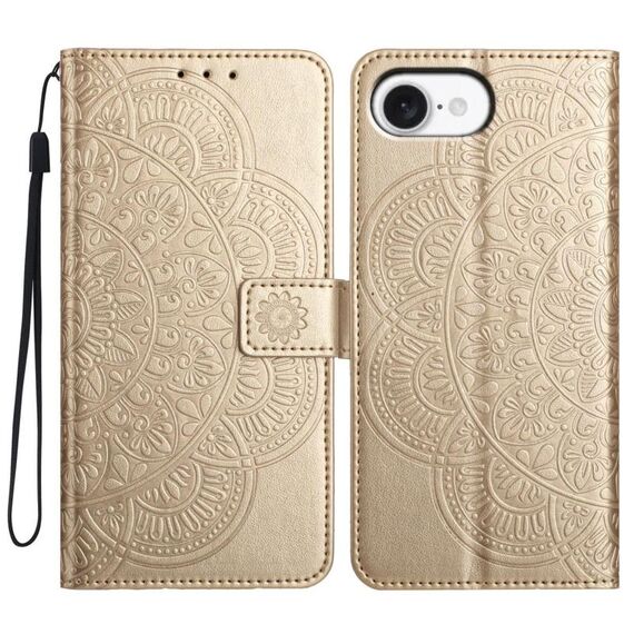 Per iPhone 16e Custodia in pelle con stampa floreale (oro)