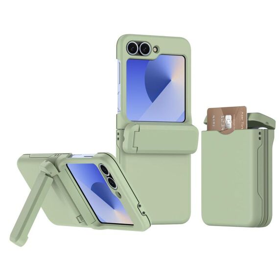 Per Samsung Galaxy Z Flip6 5G Custodia per telefono pieghevole in gomma con slot per schede e supporto (verde chiaro)