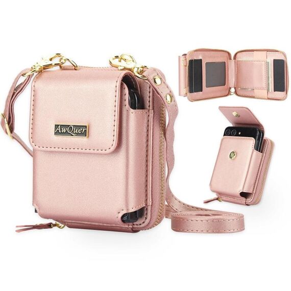Per Samsung Galaxy Z Flip6 /5 /4 /3 AwQuer AW005 Borsa a tracolla pieghevole in pelle per telefono (oro rosa)