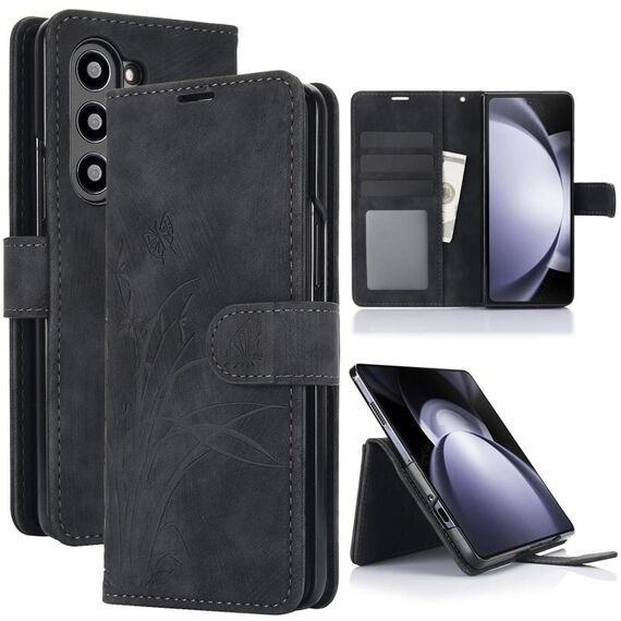 Per Samsung Galaxy Z Fold6 Custodia per telefono in pelle goffrata con motivo a farfalla orchidea (nero)