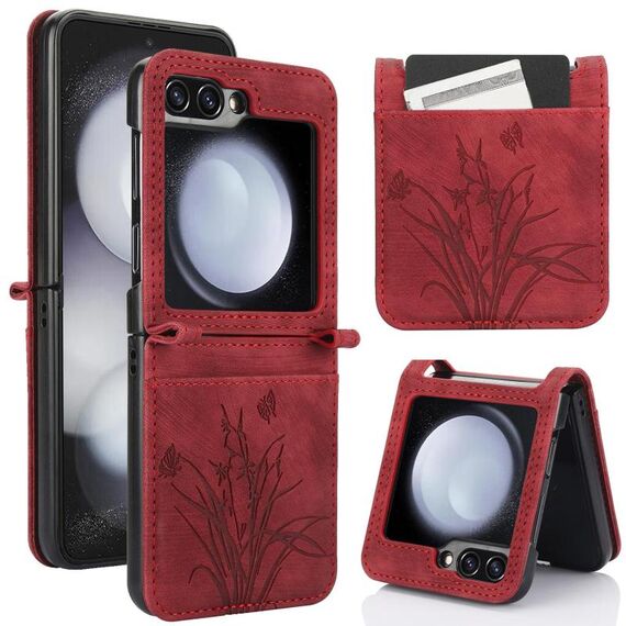 Per Samsung Galaxy Z Flip6 Custodia per telefono in pelle goffrata con motivo a farfalla orchidea (rosso)