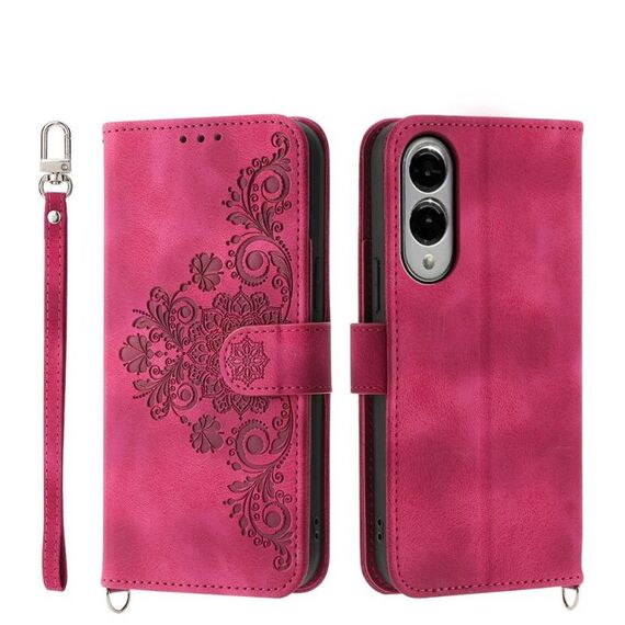 Per Samsung Galaxy S25 Edge 5G Custodia in pelle con motivo a fiori in rilievo (rosso vino)