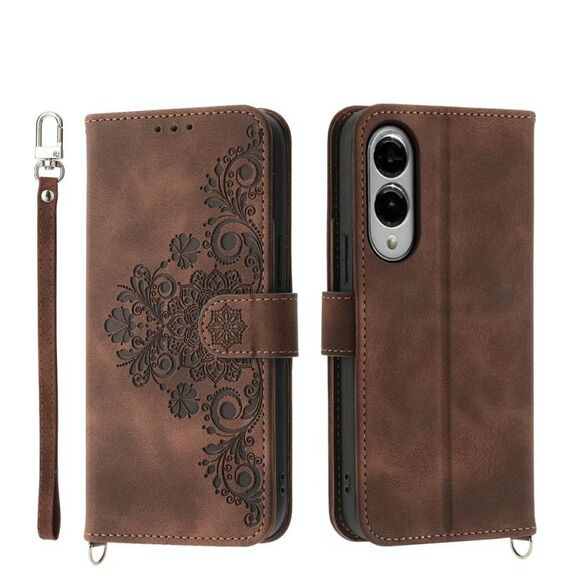 Per Samsung Galaxy S25 Edge 5G Custodia in pelle con motivo a fiori in rilievo (marrone)