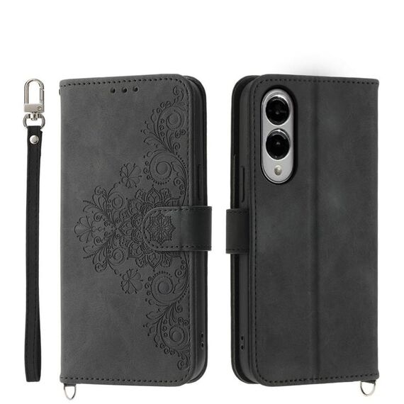Per Samsung Galaxy S25 Edge 5G Custodia in pelle con motivo a fiori in rilievo (nero)