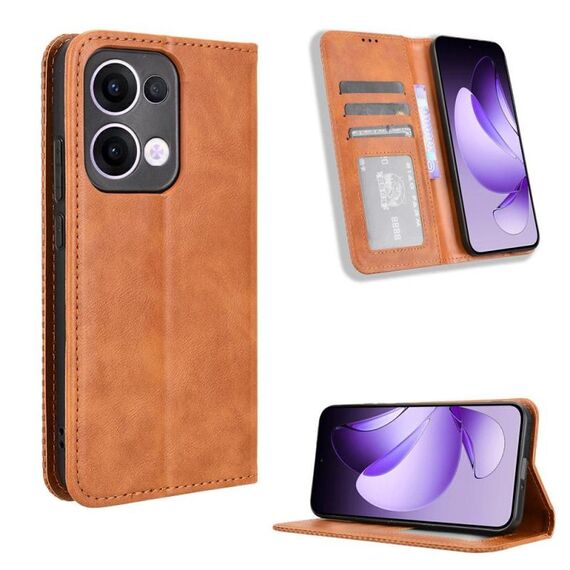 Per OPPO Reno13 5G Global Magnetic Buckle Retro Texture Custodia in Pelle per Telefono (Marrone)