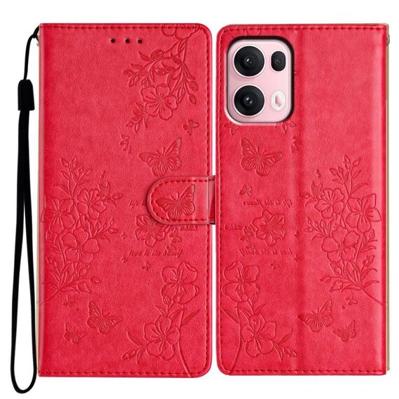 Per OPPO Reno13 Pro Custodia per telefono in pelle con farfalle e fiori globali (rosso)