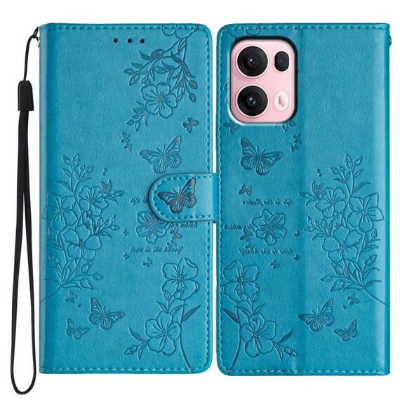 Per OPPO Reno13 Pro Custodia in pelle con farfalle e fiori globali (blu)