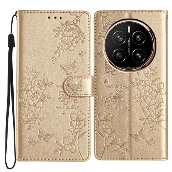 Custodia in pelle per telefono Honor Magic7 Pro con farfalle e fiori (oro)