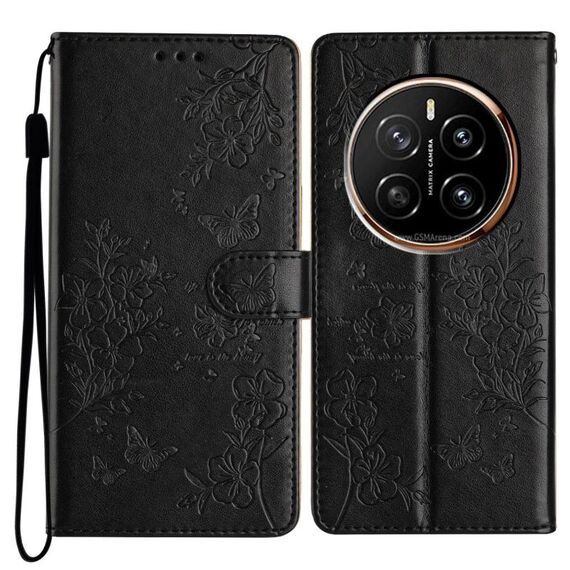 Custodia in pelle per telefono Honor Magic7 Pro con farfalle e fiori (nero)