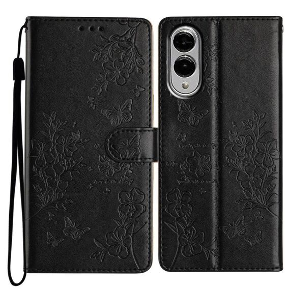 Per Samsung Galaxy S25 Edge 5G Custodia in pelle con farfalle e fiori (nero)