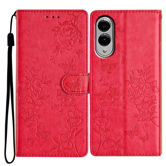 Per Samsung Galaxy S25 Edge 5G Custodia in pelle con farfalle e fiori (rosso)