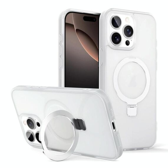 Per iPhone 16 Pro Max Custodia per telefono con supporto MagSafe ad anello effetto pelle (bianco trasparente)
