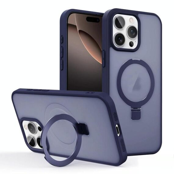 Per iPhone 16 Pro Max Custodia per telefono con supporto MagSafe ad anello effetto pelle (blu scuro)