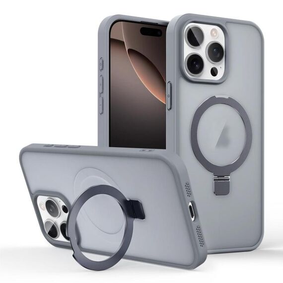 Per iPhone 16 Pro Custodia per telefono con supporto MagSafe ad anello effetto pelle (grigio titanio)