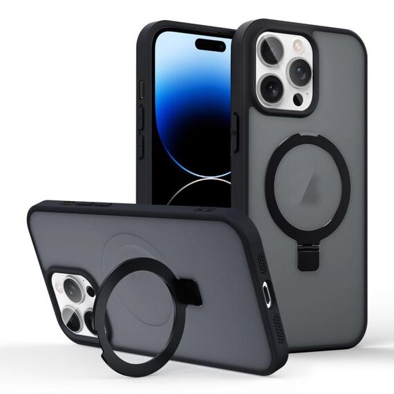 Per iPhone 14 Pro Max Custodia per telefono con supporto MagSafe ad anello effetto pelle (nero)