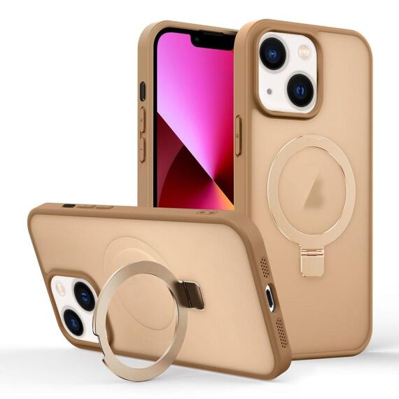 Per iPhone 13 Custodia per telefono con supporto MagSafe ad anello effetto pelle (oro deserto)