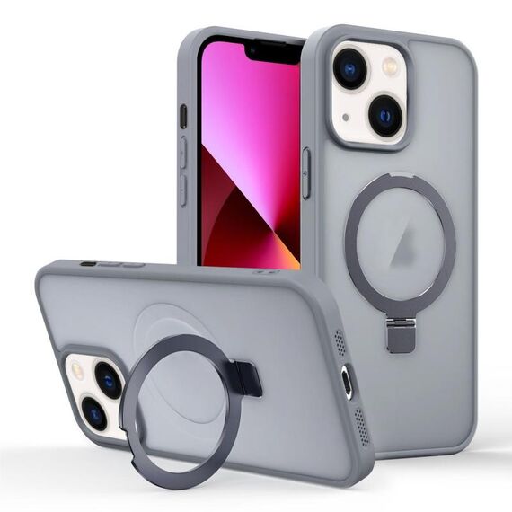 Per iPhone 13 Custodia per telefono con supporto MagSafe ad anello effetto pelle (grigio titanio)