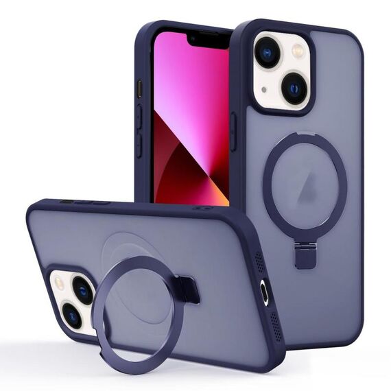 Per iPhone 13 Custodia per telefono con supporto MagSafe ad anello effetto pelle (blu scuro)