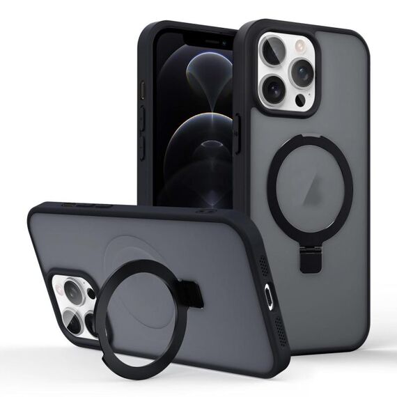 Per iPhone 12 Pro Custodia per telefono con supporto MagSafe ad anello effetto pelle (nero)