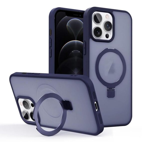 Per iPhone 12 Pro Custodia per telefono con supporto MagSafe ad anello effetto pelle (blu scuro)
