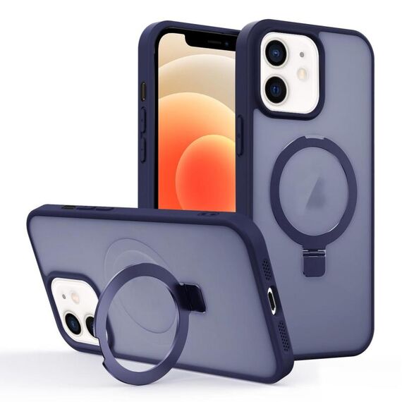 Per iPhone 12 Custodia per telefono con supporto MagSafe ad anello effetto pelle (blu scuro)