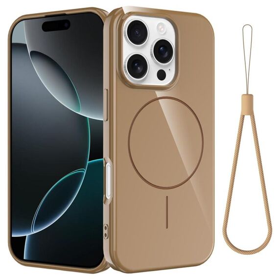 Per iPhone 16 Pro Max Custodia per telefono antiurto in TPU lucido MagSafe con cordino (oro)